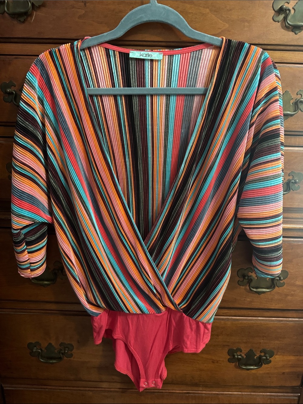 Karlie Multicolor Striped Wrap-Front Bodysuit with Coral Bottom